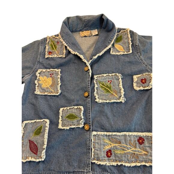 Y2K Boho Patchwork Denim Fall Jacket W/ Embroidered Leaf Motif Raw Hem Pockets M - Picture 2 of 6